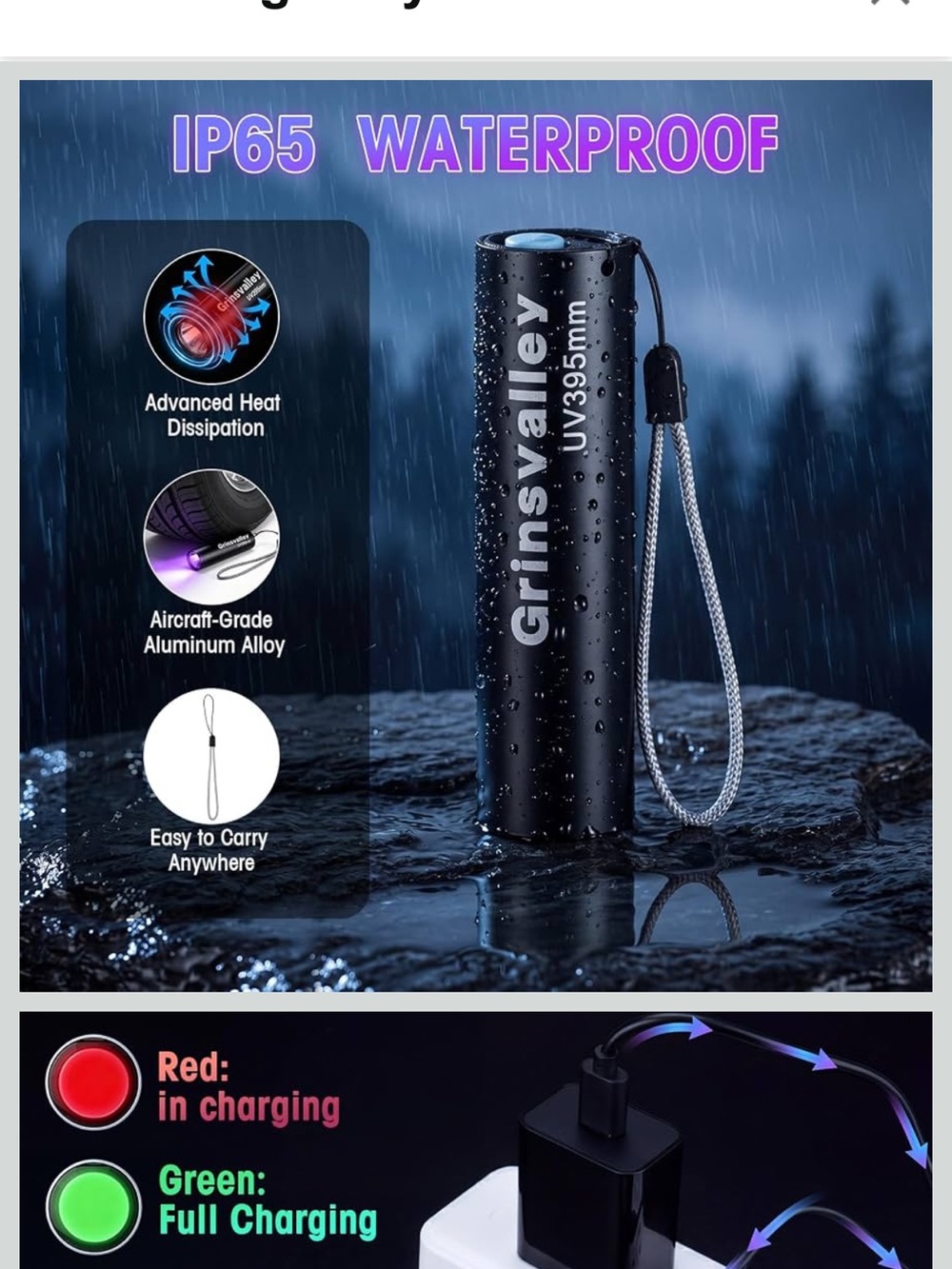 Grinsvalley UV395nm Rechargeable UV Flashlight - Black (2 pack)